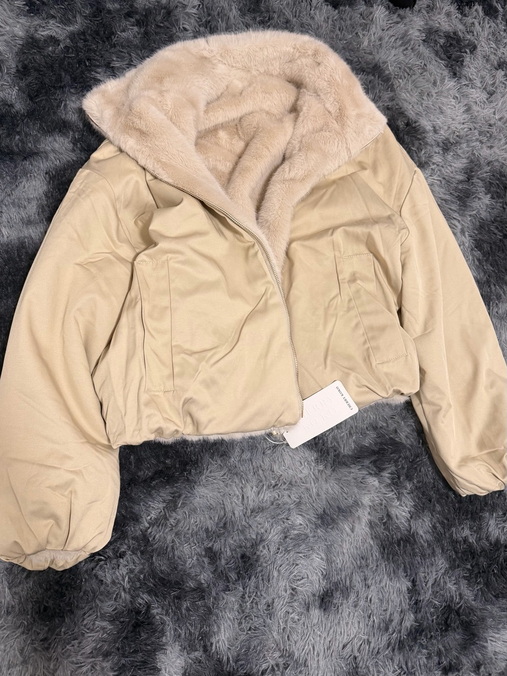 Women's Beige Teddy Jacket with Plush Faux Fur Collar